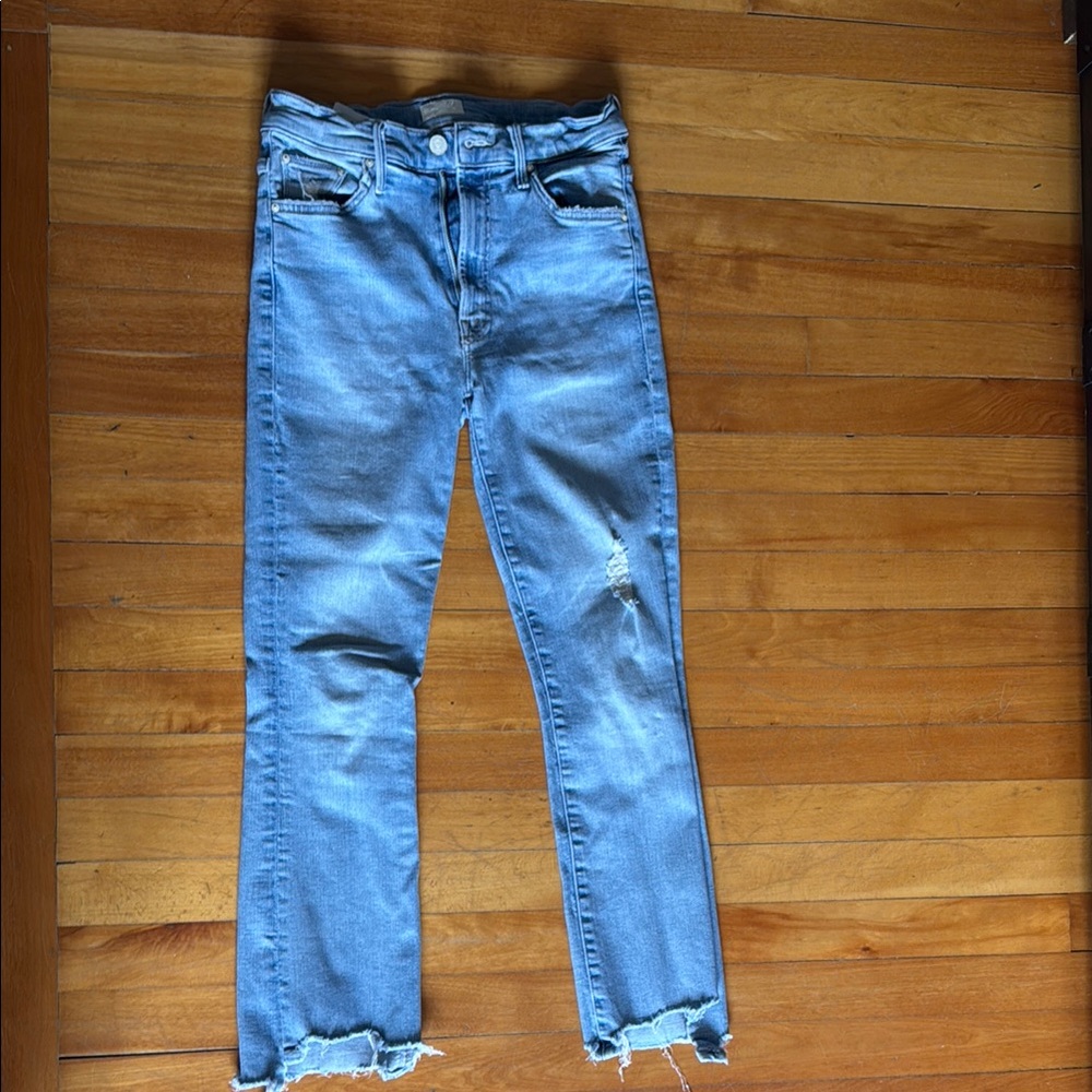 MOTHER Blue Ankle Cropped Jeans with Distressed Details